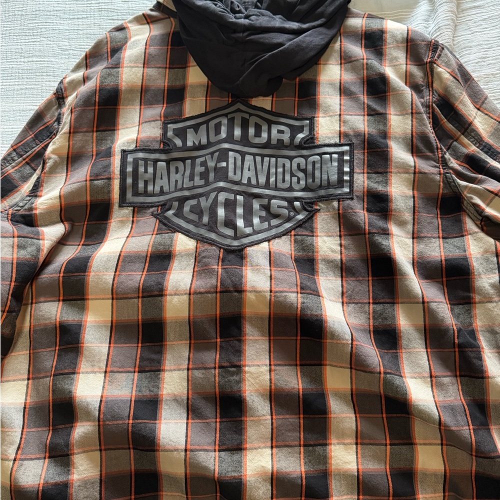 Harley-Davidson Brown Black Plaid Hooded Button-Down Shirt